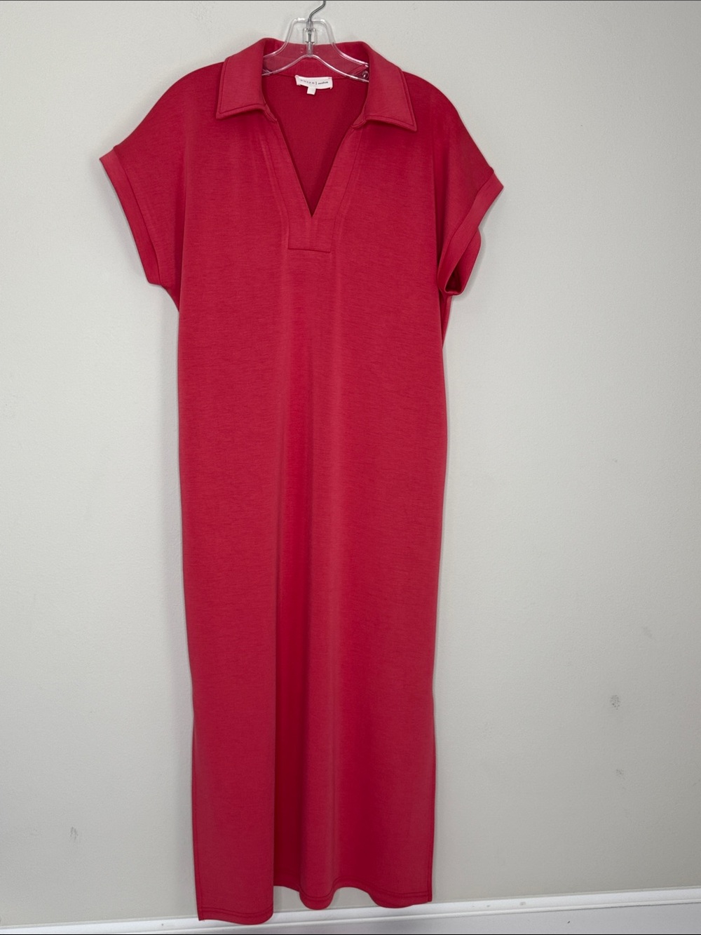 Entro Vibrant Coral Polo-Style Maxi Dress With Side Pockets Thick Soft Casual